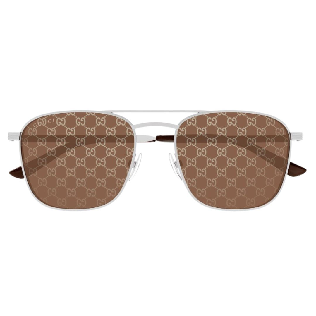 Front view of Gucci GG1881S 004 featuring a rectangular matte silver metal frame and logo lenses - Gadgets Online NZ