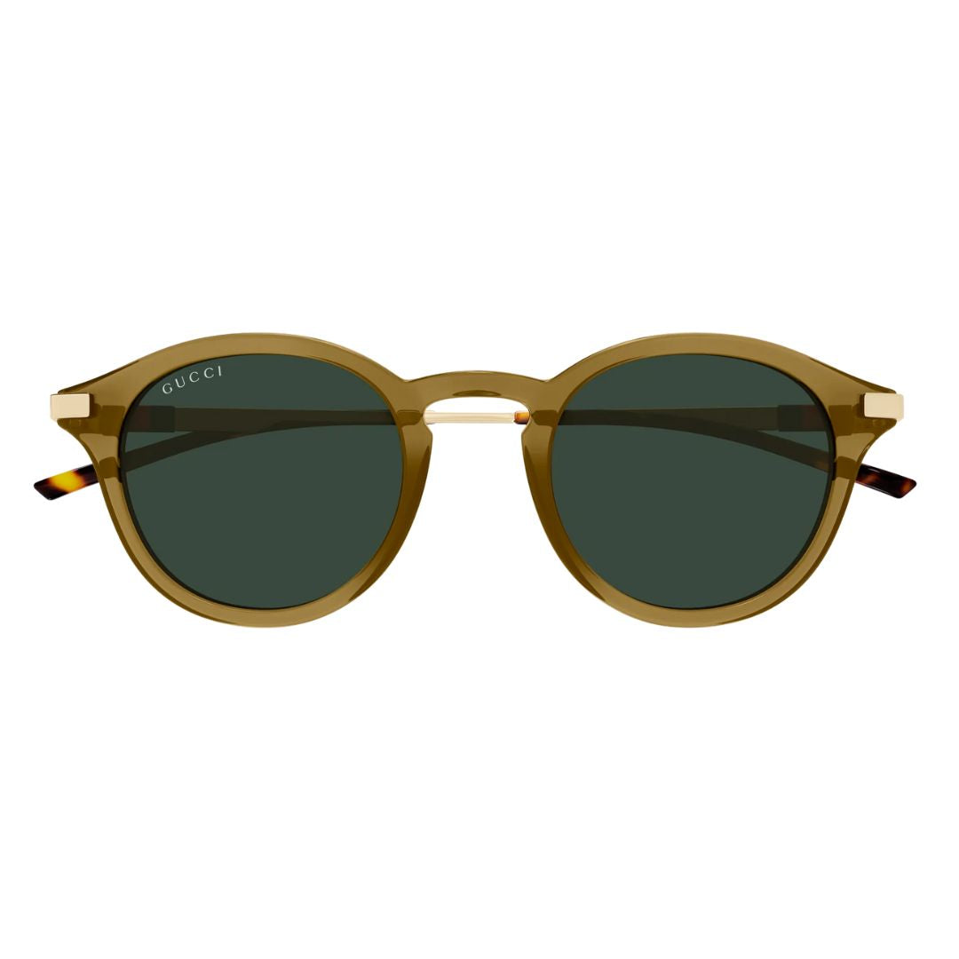 Front view of Gucci GG1890S 003 featuring a round olive acetate frame and green tinted lenses - Gadgets Online NZ