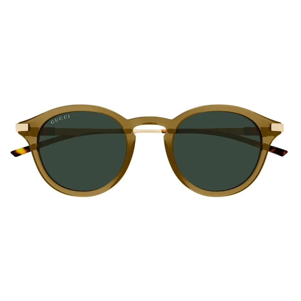 Front view of Gucci GG1890S 003 featuring a round olive acetate frame and green tinted lenses - Gadgets Online NZ