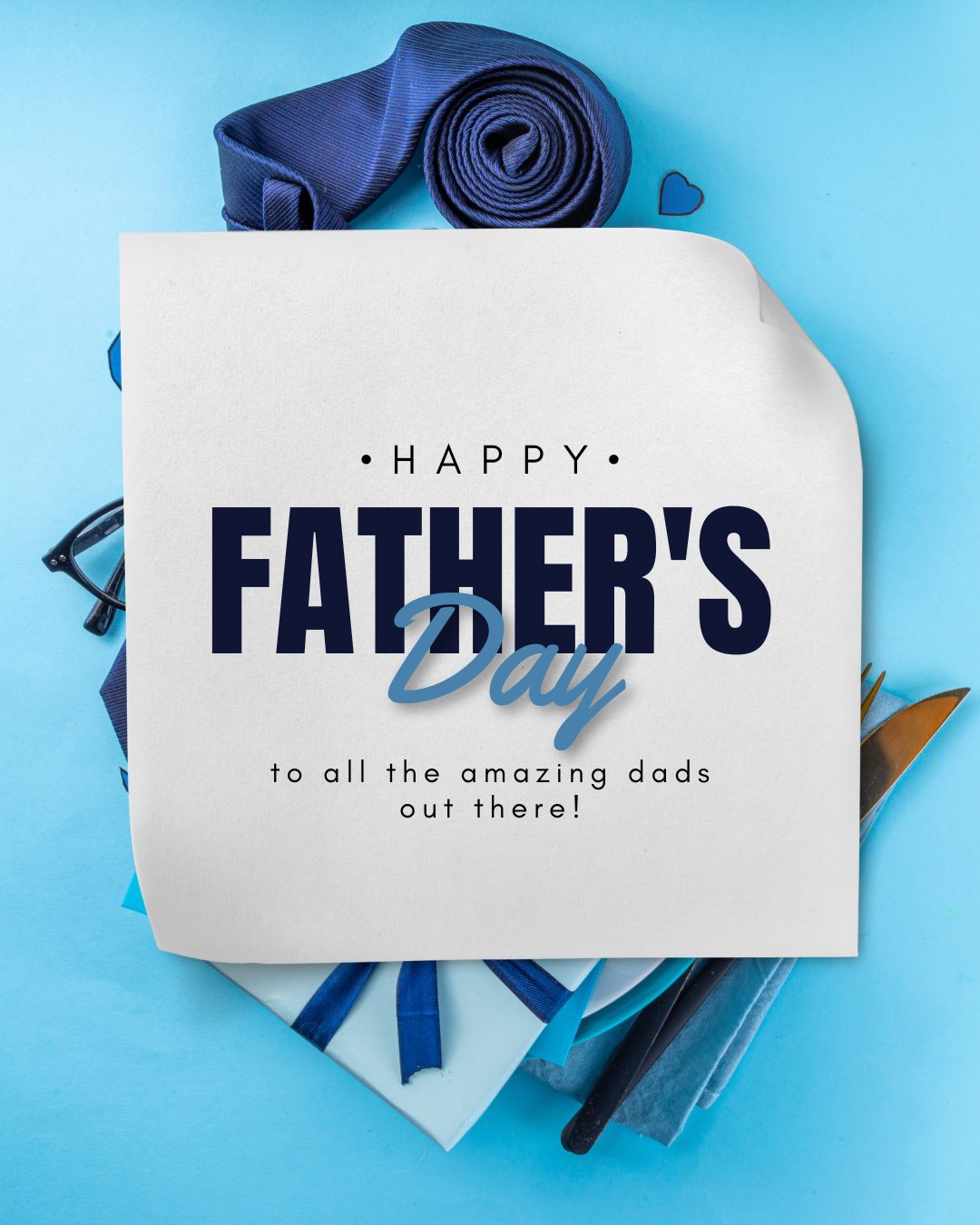 Father's Day card with blue tie and glasses on a blue background
