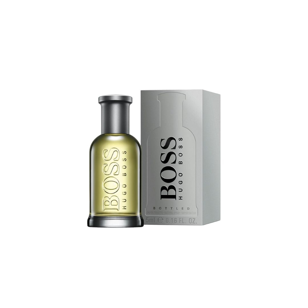 Hugo Boss Bottled No. 6 5ml EDT, the iconic, clear glass bottle suggesting a fresh, woody, and spicy masculine fragrance.