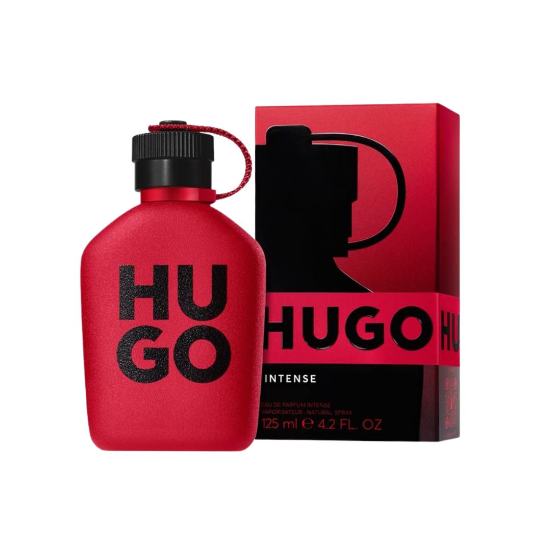 Red Hugo Boss Intense EDP 125ml perfume bottle and packaging on a white background