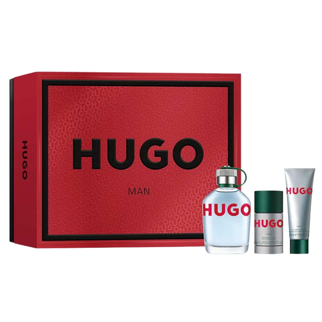 Hugo Boss EDT 125ml 3-Piece Gift Set perfume set with red box, bottle, and tube on a white background