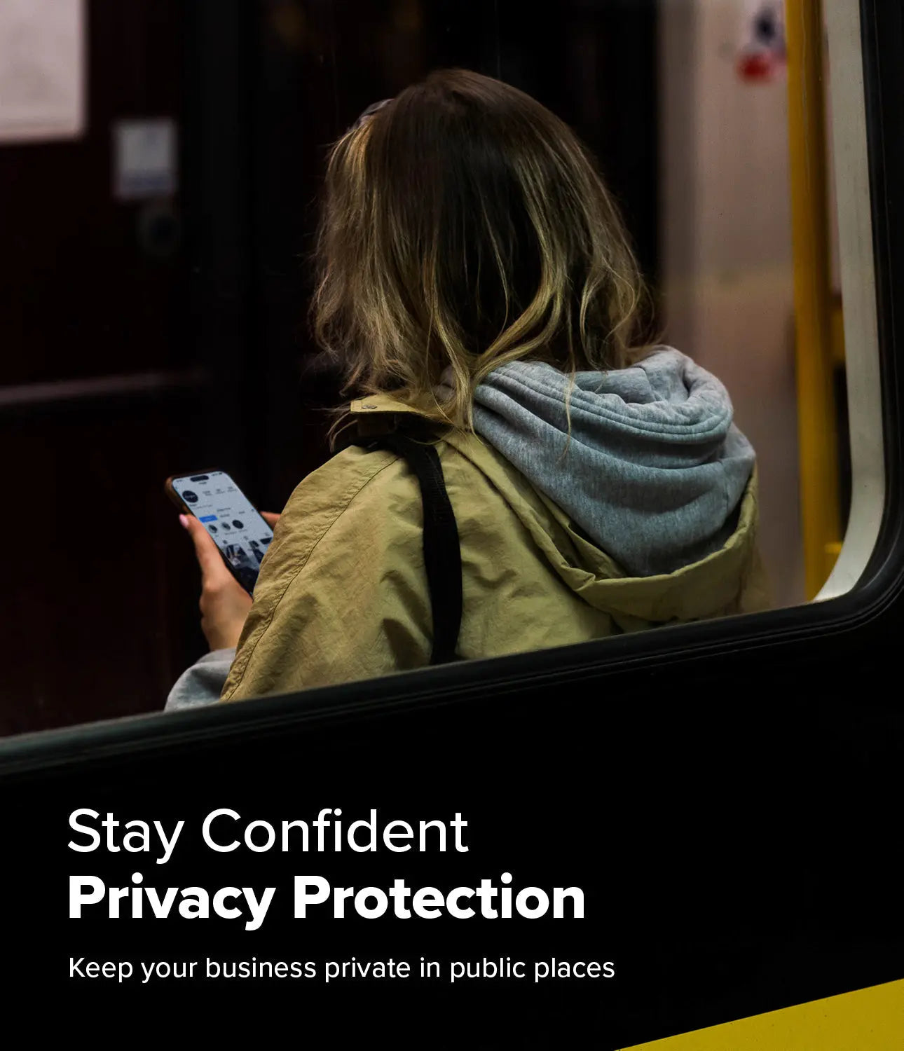 Person using a smartphone on a bus with text about privacy protection.