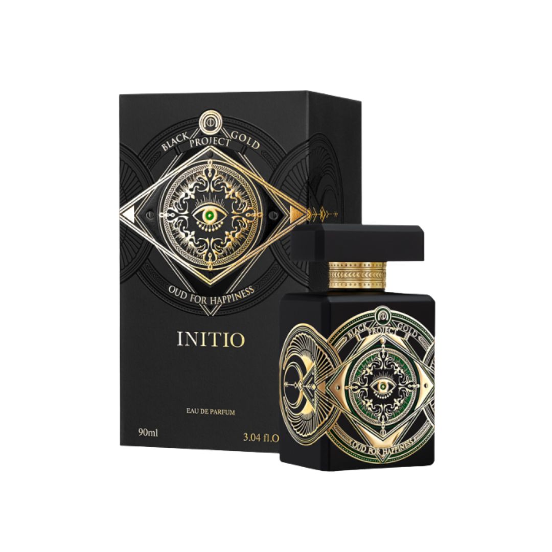 Initio Parfums Prives Oud For Happiness 90ml EDP, a sleek, dark bottle with an intricate gold geometric emblem, suggesting a bright, woody, and uplifting unisex fragrance.