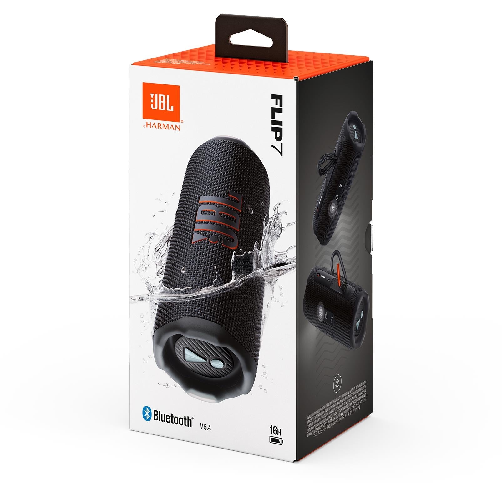 JBL Flip 7 speaker submerged halfway in water or sitting on a dusty surface, emphasizing the IP68 waterproof and dustproof features.