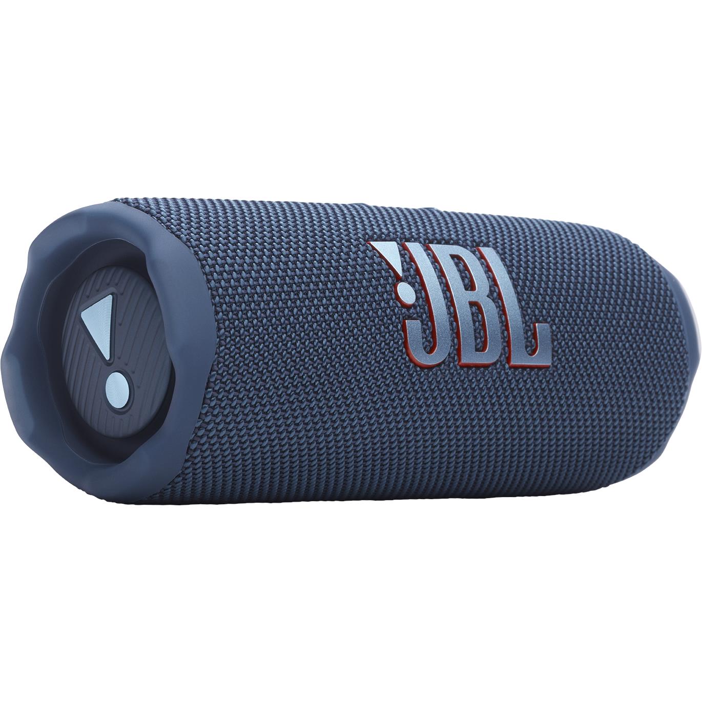 Blue JBL Flip 7 portable Bluetooth speaker showing the fabric grille and side passive radiator.