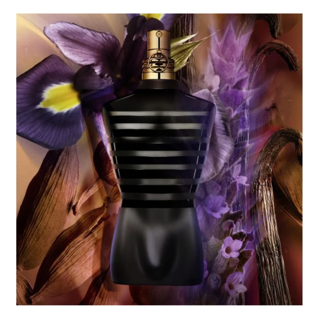 Jean Paul Gaultier Le Male Le Parfum Perfume bottle with floral dark blue and gold striped torso-shaped bottle for men in NZ
