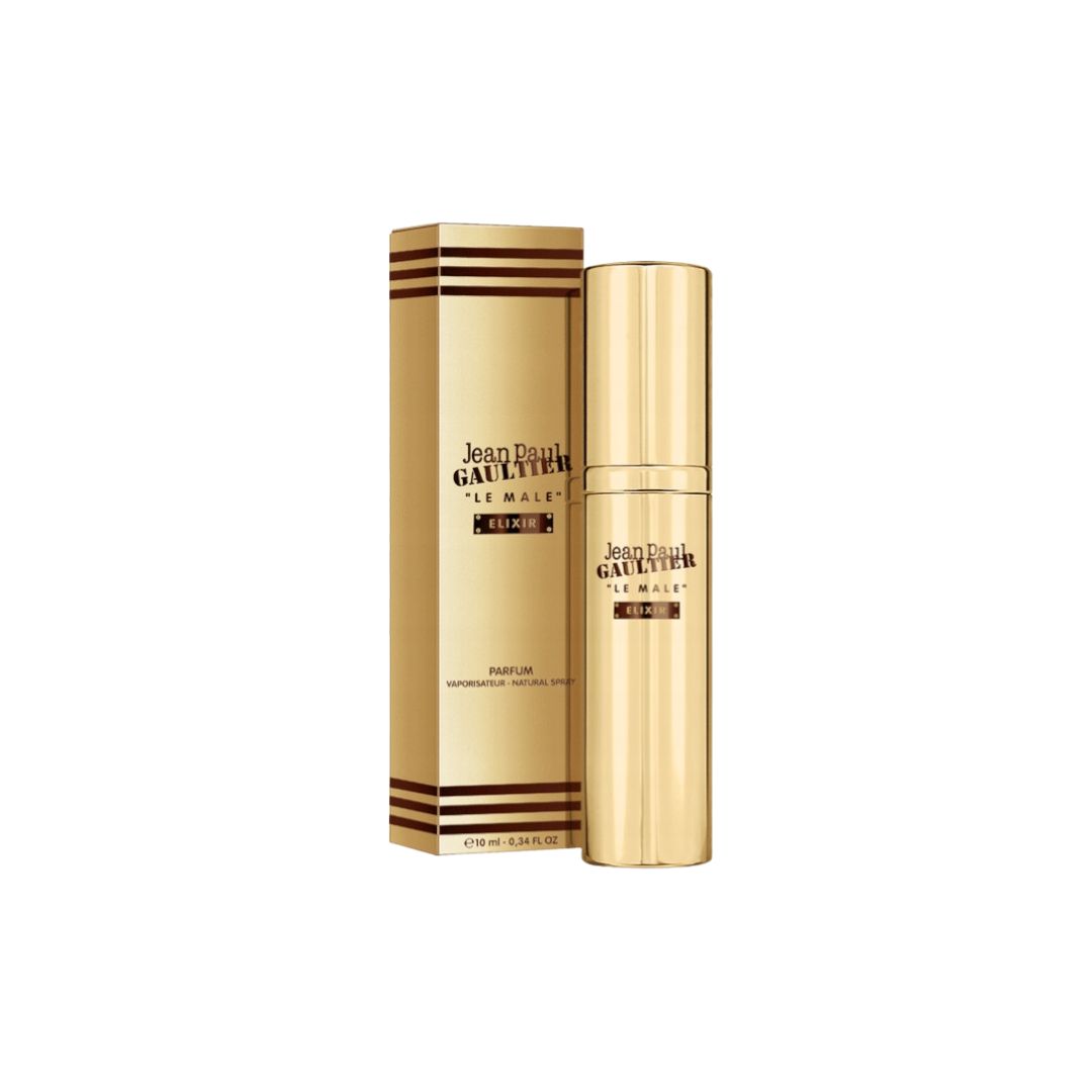 Jean Paul Gaultier Le Male Elixir Parfum 10ml travel spray, a miniature torso-shaped bottle, suggesting a bold, fresh, and masculine fragrance.