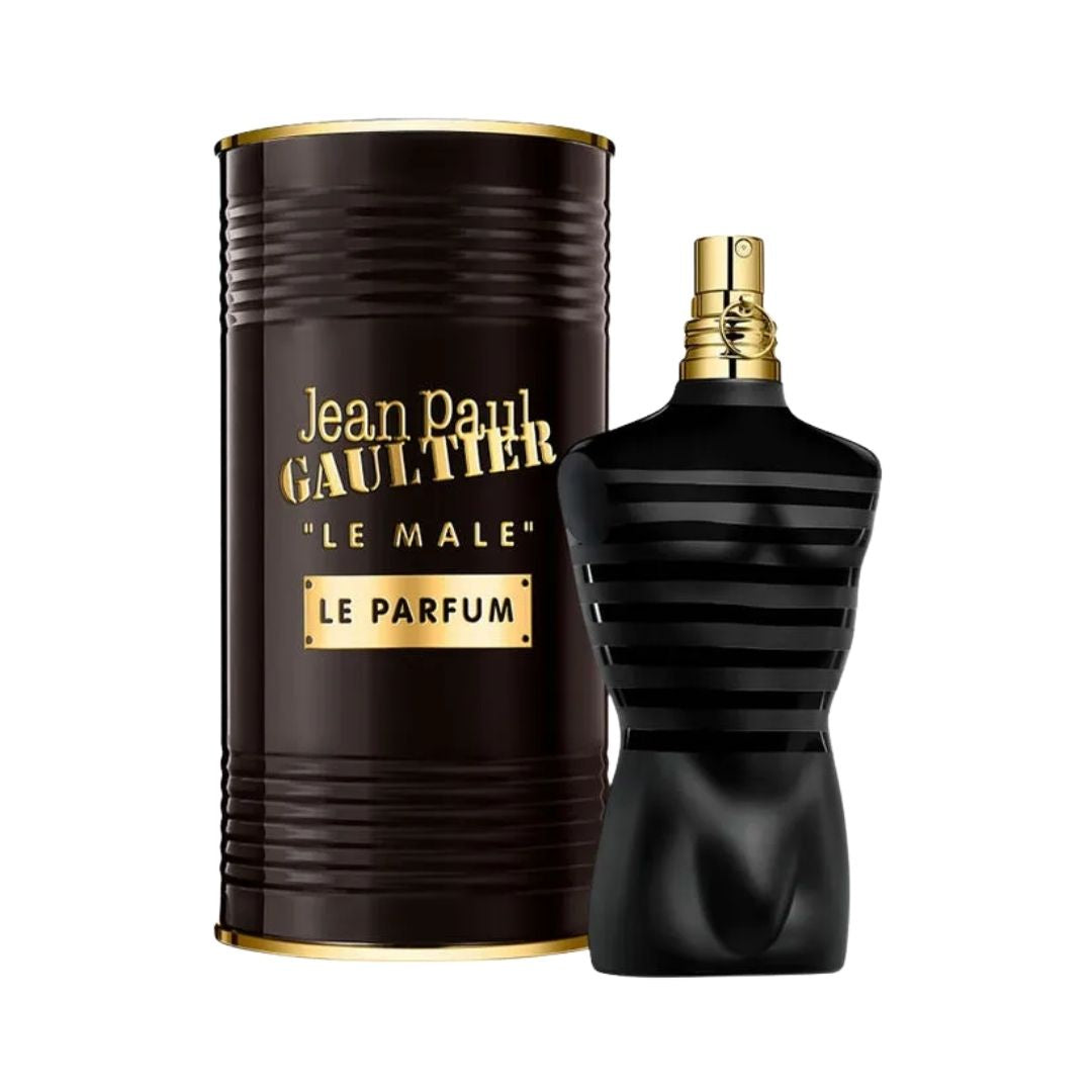 Jean Paul Gaultier Le Male Le Parfum 200ml EDP, a dark blue and gold striped torso-shaped bottle for men in NZ