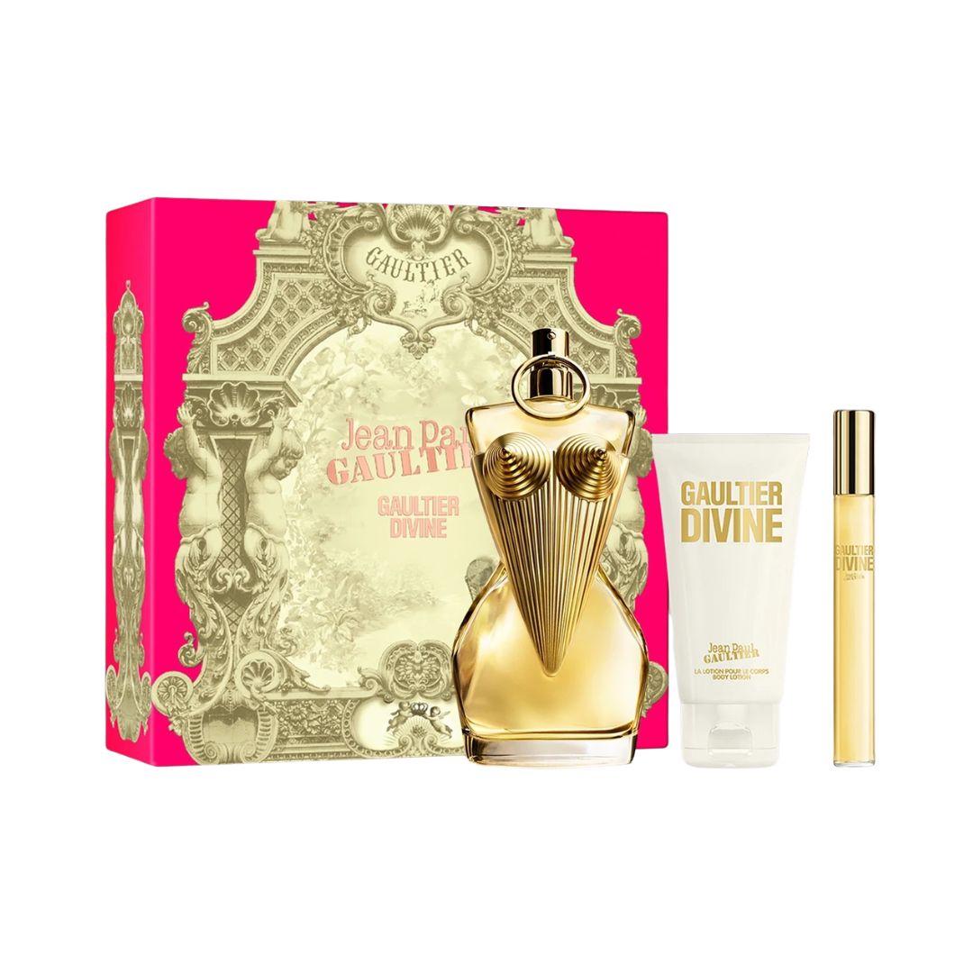 Jean Paul Gaultier Divine 3pc Gift Set, a classic gold and white box featuring the iconic torso bottle shape, containing 100ml EDP, 75ml Body Lotion, and 10ml Miniature, suggesting a luminous, floral, and sweet gourmand scent.