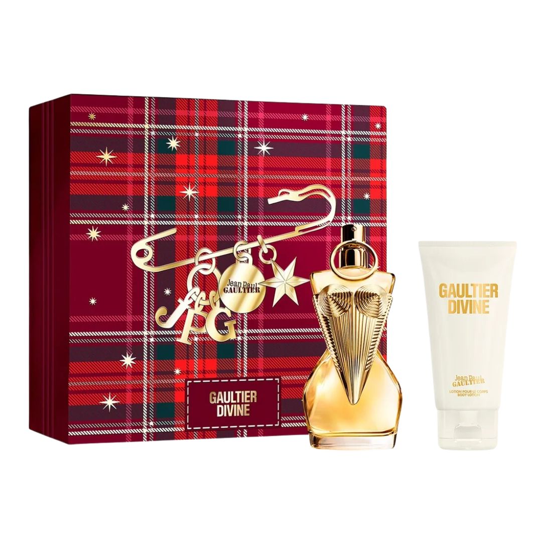 Gaultier Divine EDP 50ml perfume set with red plaid box, gold bottle, and white tube on a white background