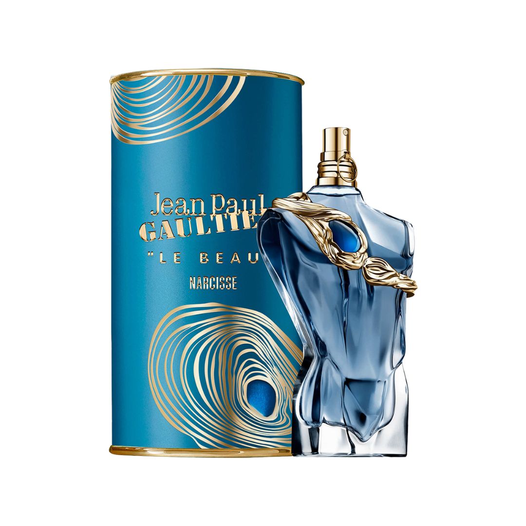 Jean Paul Gaultier Le Beau Narcisse perfume bottle 125ml and packaging on a white background