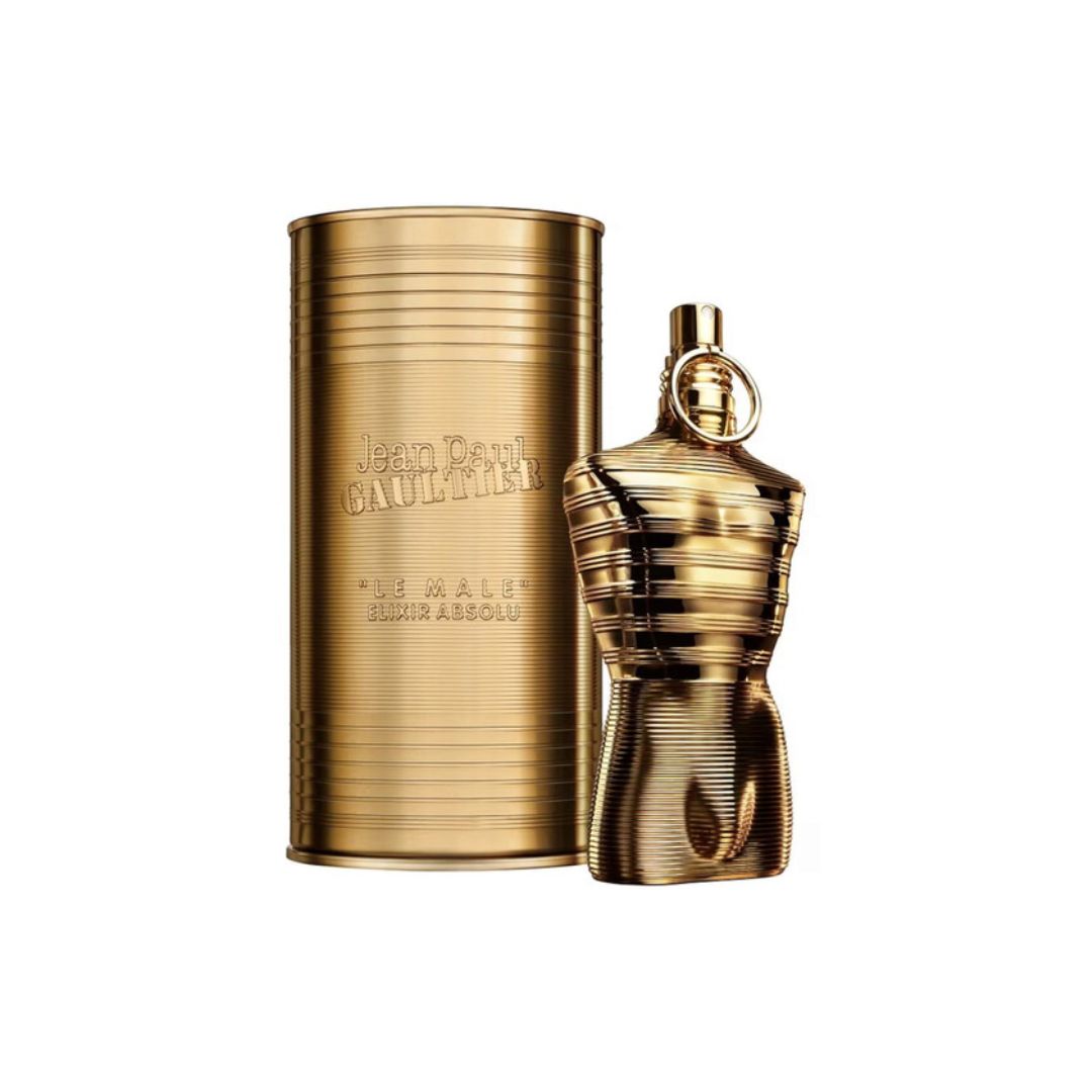 Jean Paul Gaultier Le Male Elixir Absolu 75ml, a sculpted glass torso bottle lacquered in brilliant gold and amber, suggesting a highly intense, warm, spicy, and seductive men's scent.