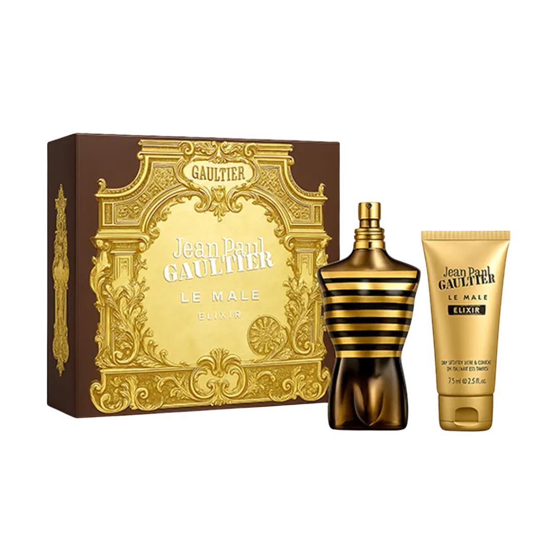 Jean Paul Gaultier Le Male Elixir 125ml Parfum 2 Piece Gift Set, featuring the iconic torso-shaped bottle and a shower gel in an elegant gift box.