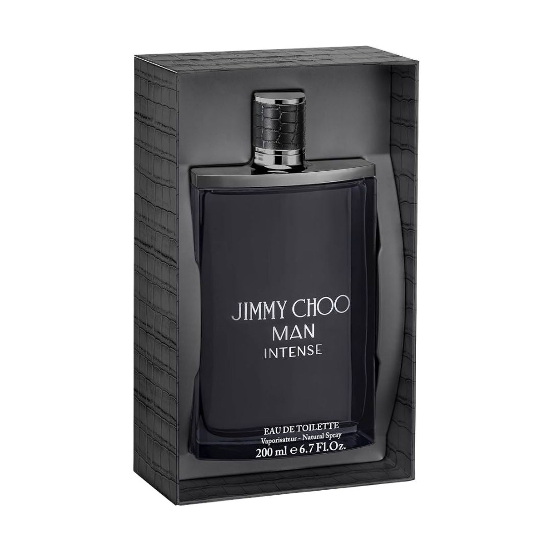 Jimmy Choo Man Intense 200ml EDT, a sleek, dark-toned bottle, suggesting a bold, aromatic, and intense masculine fragrance in NZ