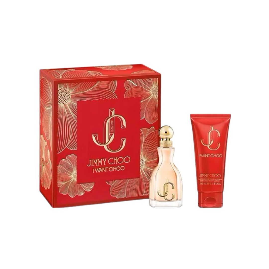 Jimmy Choo I Want Choo 2-piece gift set featuring the 60ml EDP spray and 100ml matching body lotion in a gold-detailed box.