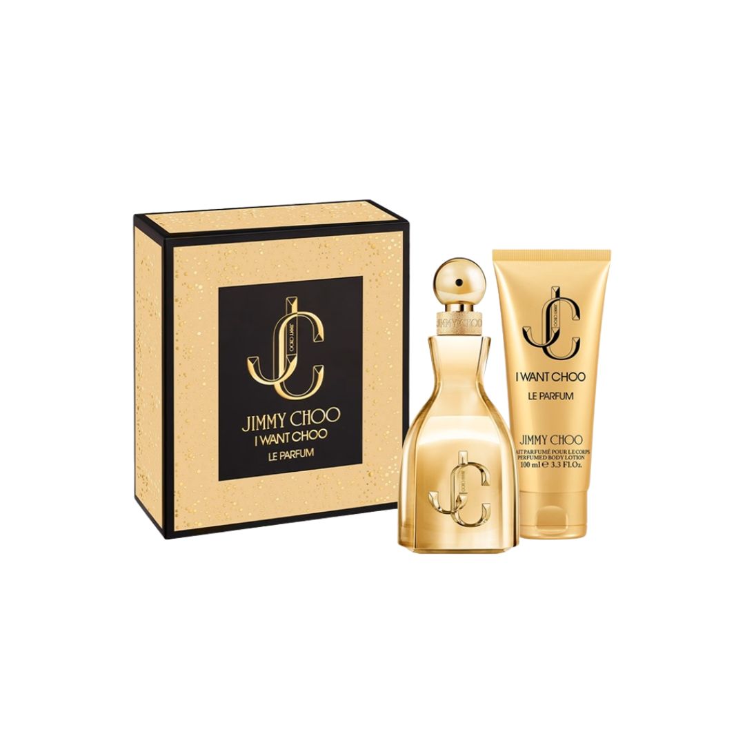 Jimmy Choo I Want Choo Le Parfum 60ml 2 Piece Gift Set, featuring the signature bottle and a body lotion in a sleek gift box.