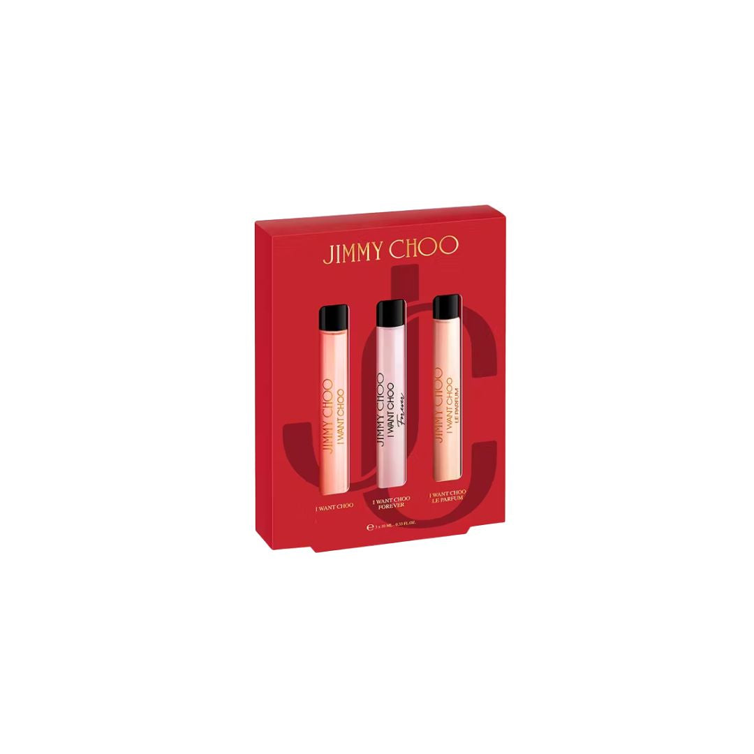 Jimmy Choo I Want Choo Trio Gift Set, featuring three 10ml miniature travel sprays (I Want Choo EDP, I Want Choo Forever EDP, and I Want Choo Le Parfum) in an elegant gift box.