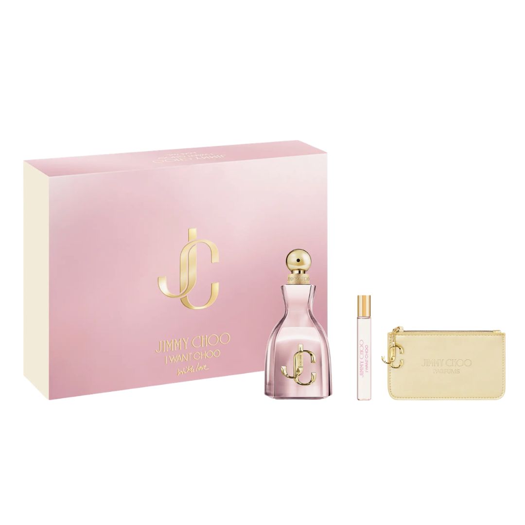Jimmy Choo I Want Choo With Love 3-piece gift set featuring the 100ml EDP bottle, 7.5ml travel spray, and a signature pouch in a luxury box.