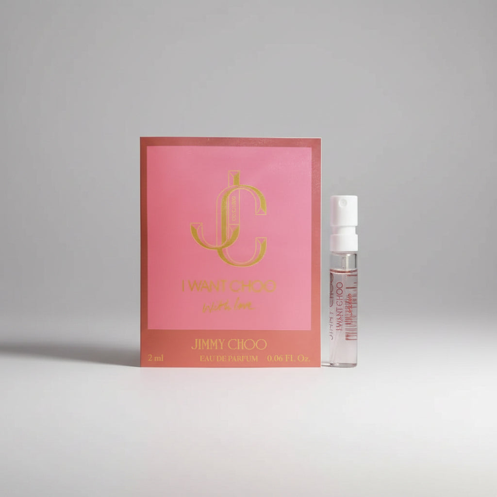 Jimmy Choo I Want Choo With Love EDP 2ml Vial Sample, a small glass spray vial with a label, suggesting a bright, fruity-floral, and musky feminine scent for testing.