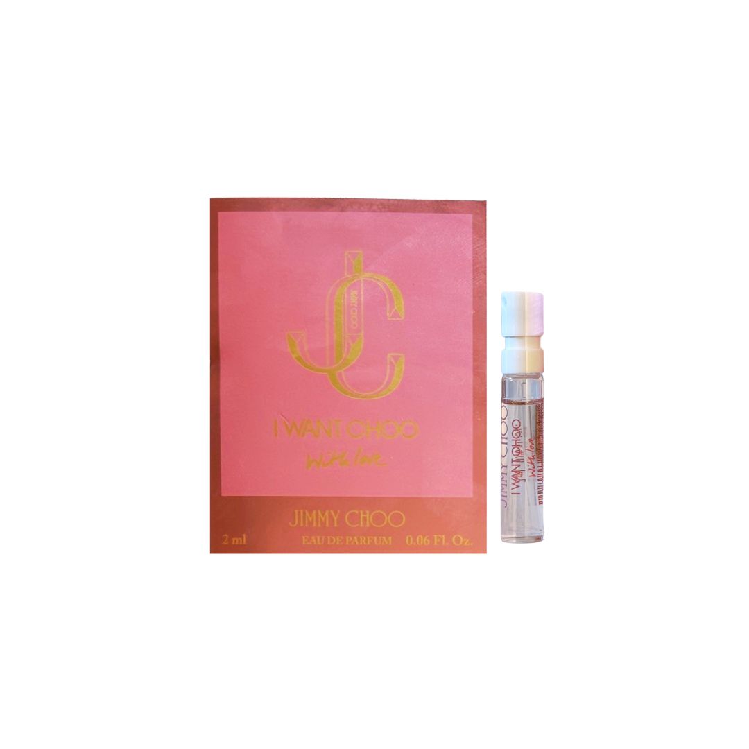 Jimmy Choo I Want Choo With Love EDP 2ml Vial Sample, a small glass spray vial with a label, suggesting a bright, fruity-floral, and musky feminine scent for testing.