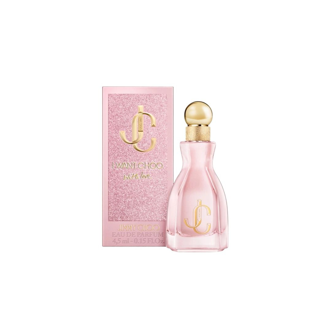 Jimmy Choo I Want Choo With Love EDP 4.5ml Miniature, a tiny, elegant glass bottle with a gold cap, suggesting a vibrant, fruity-floral, and musky feminine scent.