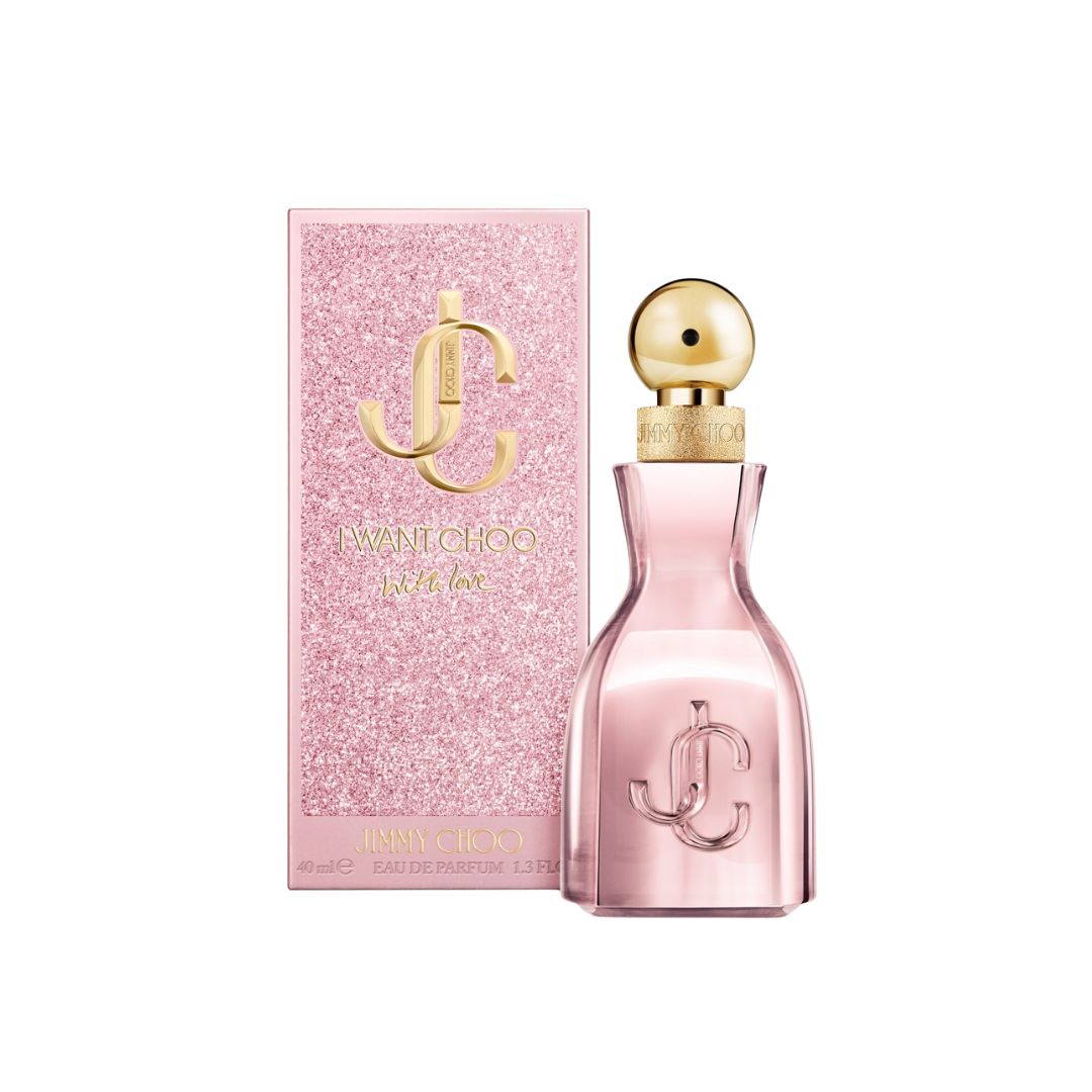 Jimmy Choo I Want Choo With Love EDP 40ml, a glamorous, rounded glass bottle featuring a festive gold cap and suggesting a vibrant, fruity-floral, and musky feminine scent.