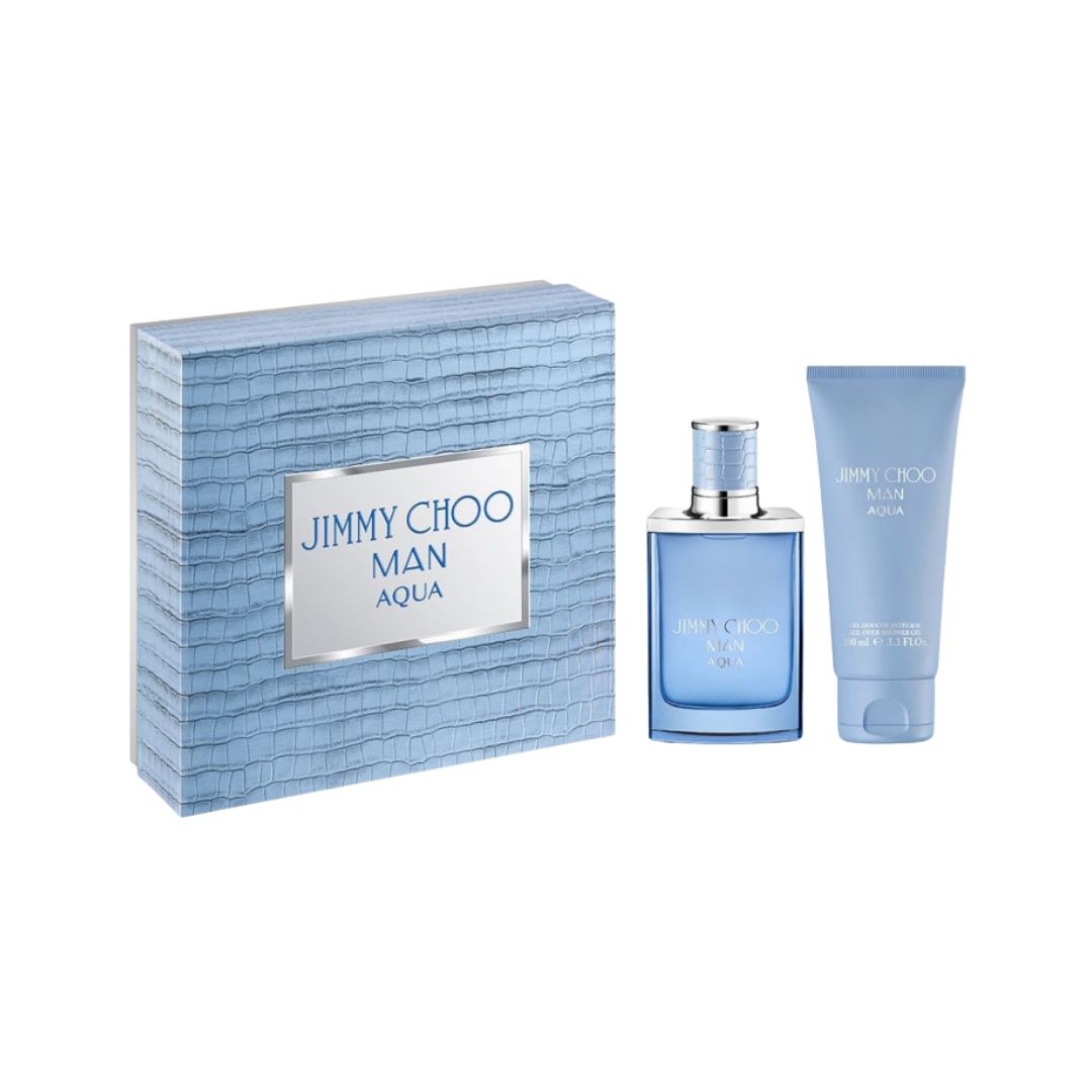 Jimmy Choo Man Aqua 50ml EDT 2 Piece Gift Set, featuring the cool blue flask-shaped bottle and a shower gel in a sleek gift box.