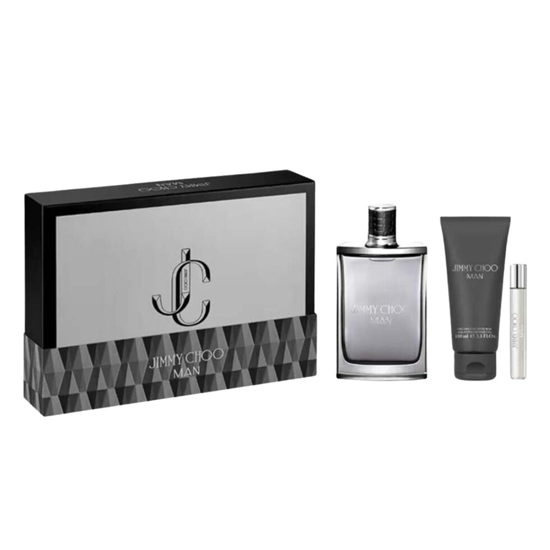Jimmy Choo Man 100ml EDT 3 Piece Gift Set, featuring the flask-shaped bottle, a shower gel, and a miniature in a sleek gift box.