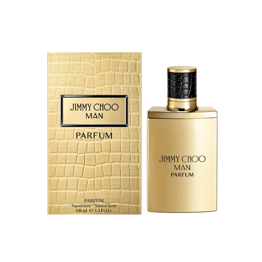 Front view of the luxury Jimmy Choo Man Parfum 100ml bottle for men, showcasing the sleek architectural design and premium branding.