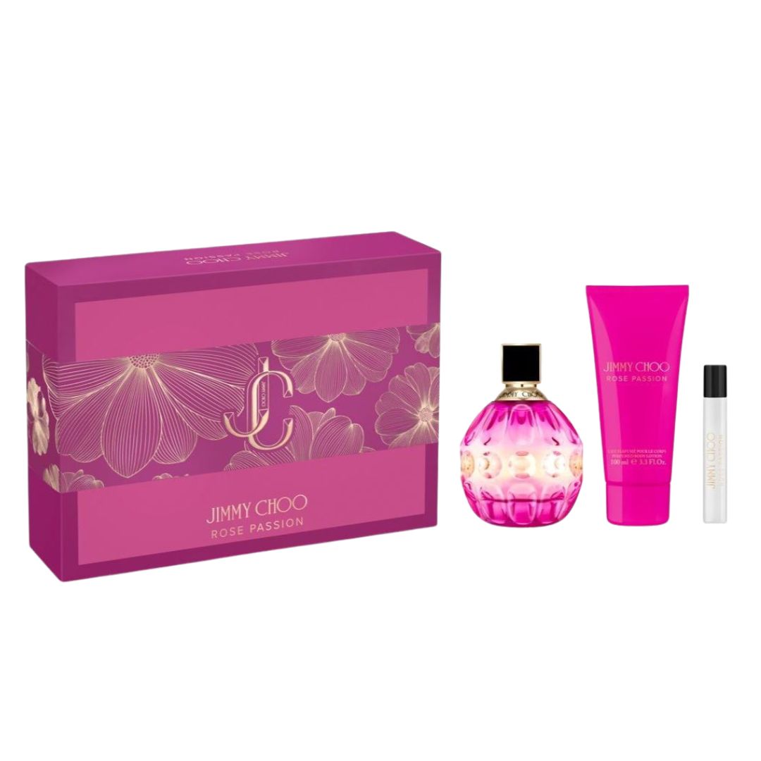 Jimmy Choo Rose Passion 100ml EDP 3 Piece Gift Set, featuring the vibrant pink bottle, a body lotion, and a travel spray in a sleek gift box.