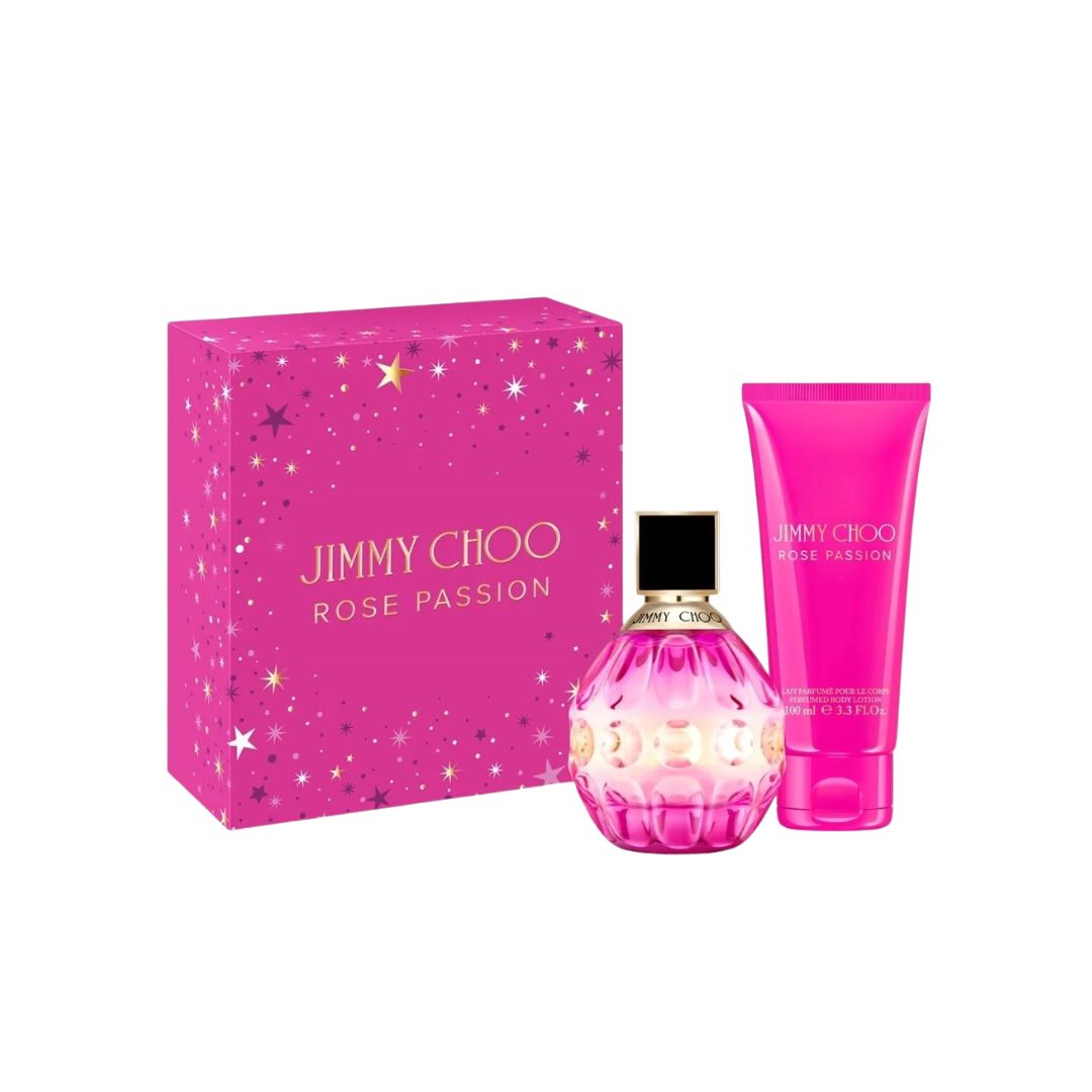 Jimmy Choo Rose Passion 60ml EDP 2 Piece Gift Set, featuring the vibrant pink bottle and a matching body lotion in an elegant gift box.
