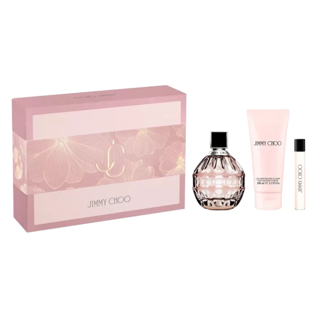 Jimmy Choo EDP 100ml 3 Piece Gift Set, featuring the faceted bottle, a body lotion, and a travel spray in an elegant gift box.