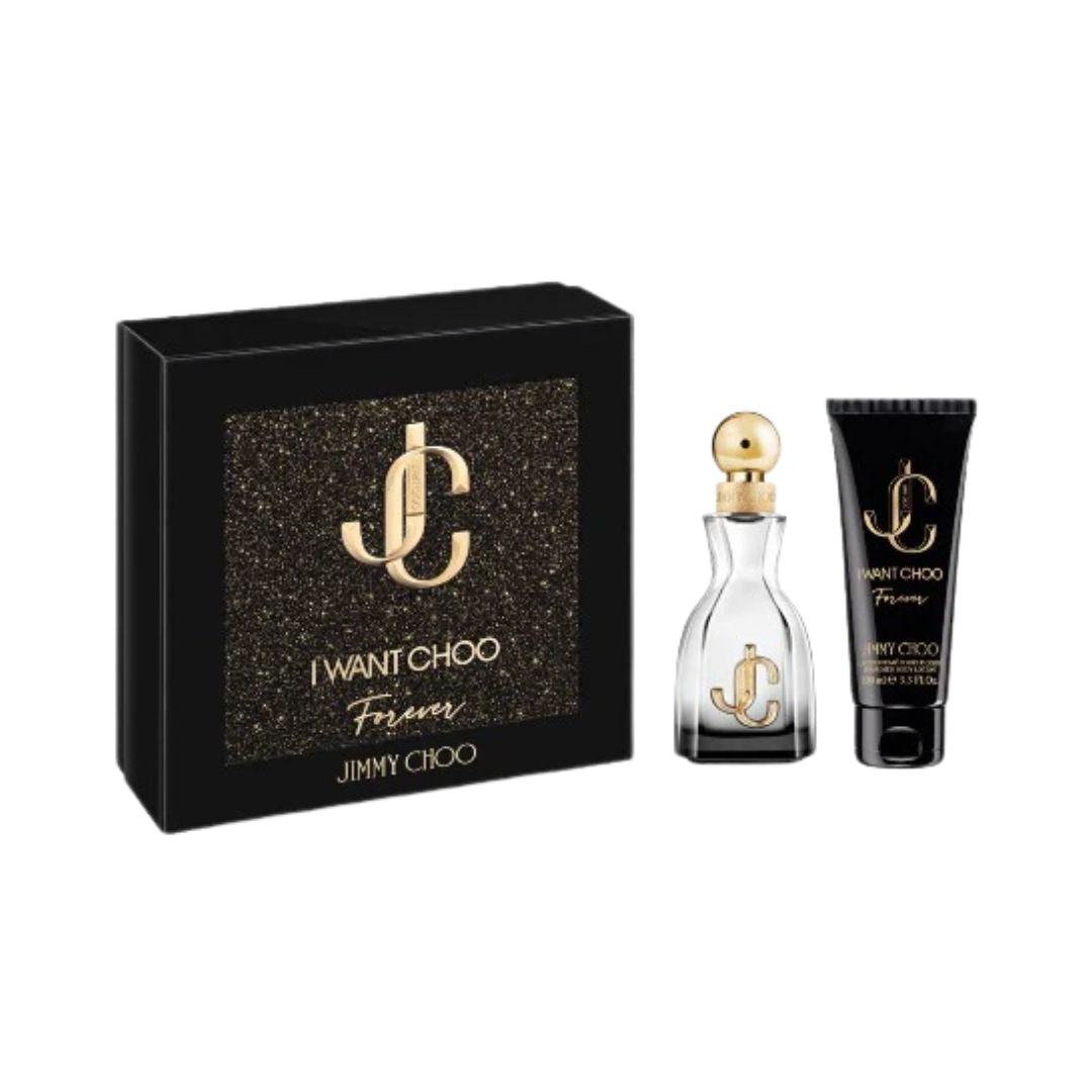 Jimmy Choo I Want Choo Forever EDP 60ml 2 Piece Gift Set with black box, bottle, and tube on a white background