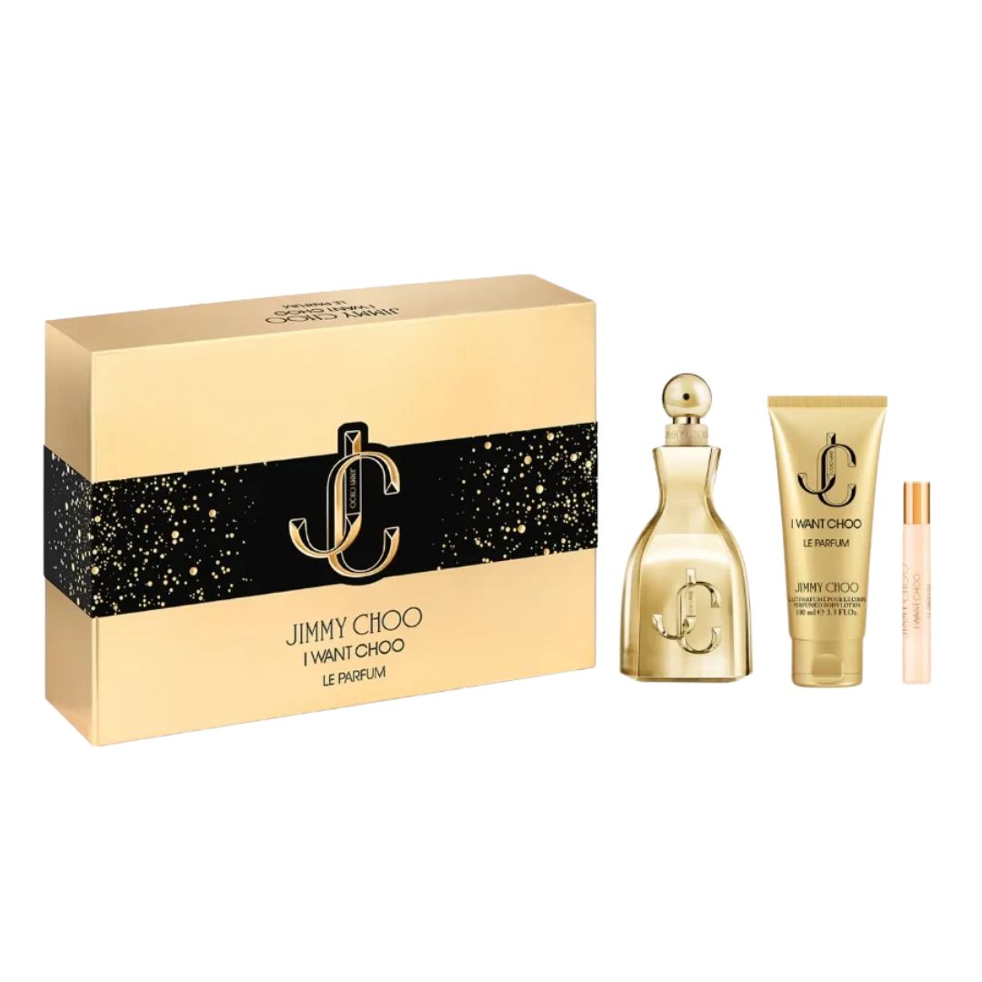 Jimmy Choo I Want Choo Le Parfum 100ml 3 Piece Gift Set, featuring the signature bottle, a body lotion, and a travel spray in an elegant gift box.