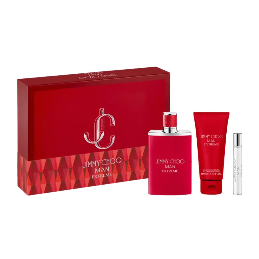 Jimmy Choo Man Extreme 100ml EDP 3 Piece Gift Set, featuring the dark red lacquered bottle, a travel spray, and a shower gel in a sleek gift box.