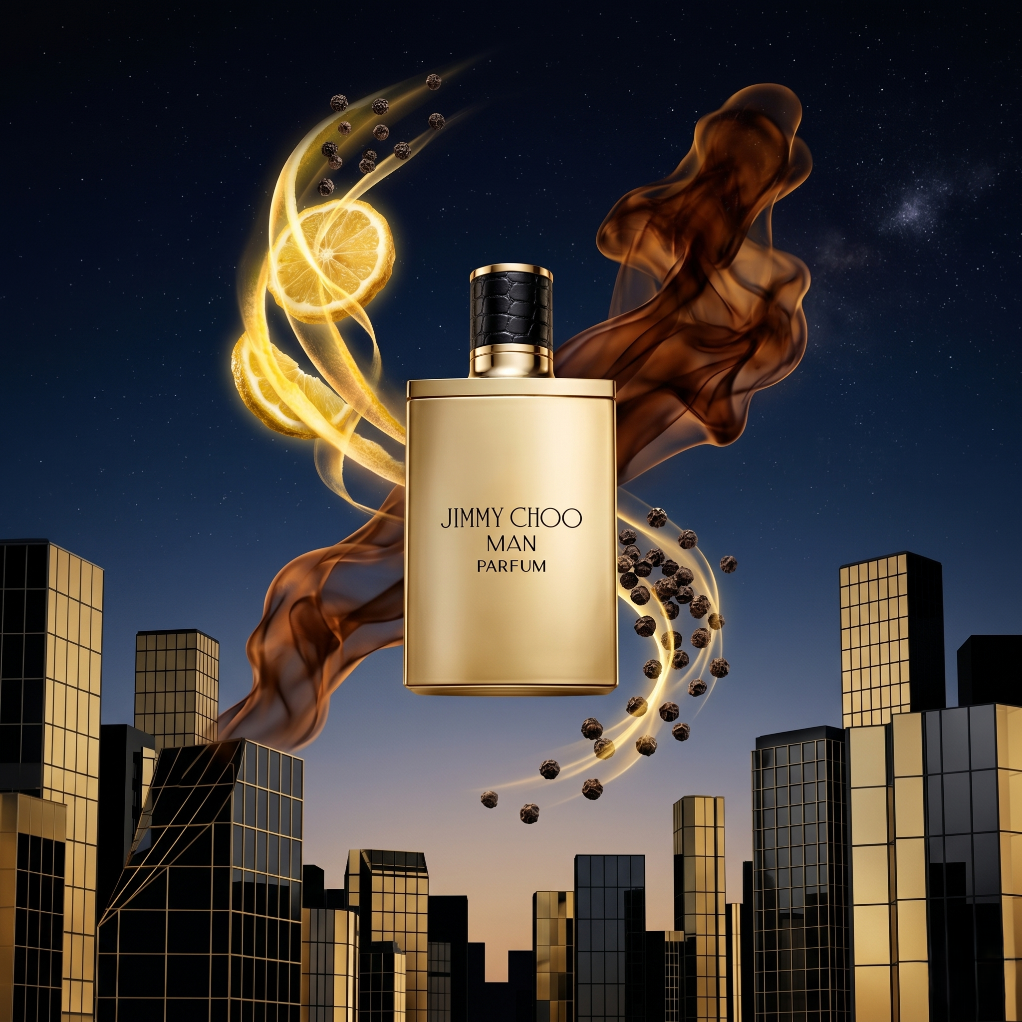 Jimmy Choo Man perfume bottle with cityscape background