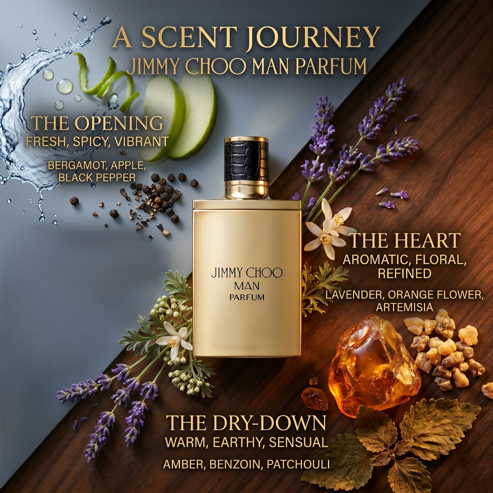 A conceptual composite image blending a central photograph of the gold bottle and box with abstract, flowing visualizations of the scent profile: bergamot, green apple, pepper (Top Notes), lavender, orange flower (Heart Notes), and amber, patchouli (Base Notes), with small text labels.