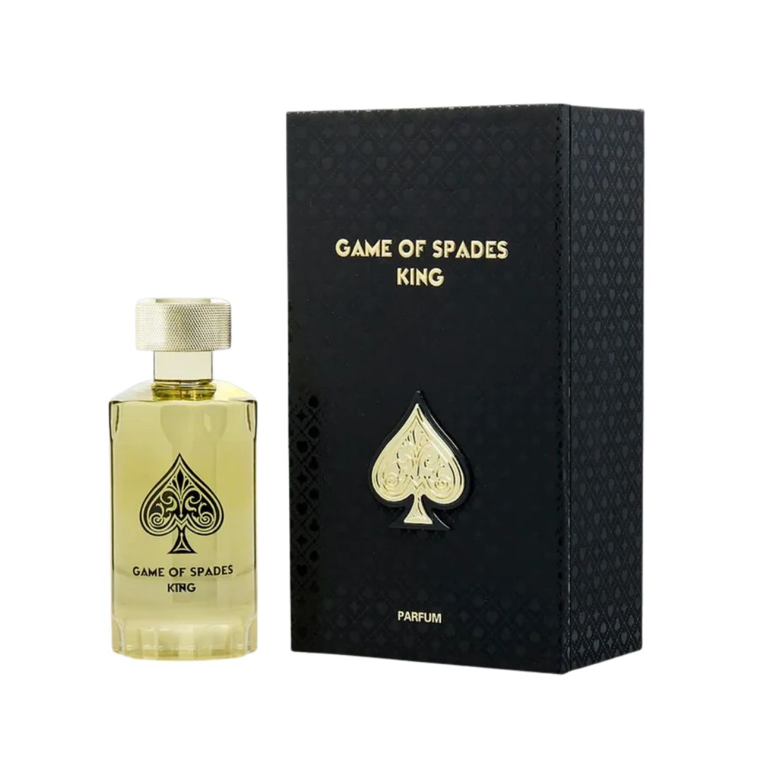 Jo Milano Game Of Spades King Parfum 100ml, an imposing, clear glass bottle with a prominent crown cap, suggesting a vibrant citrus, fruity, and sweet vanilla gourmand scent.