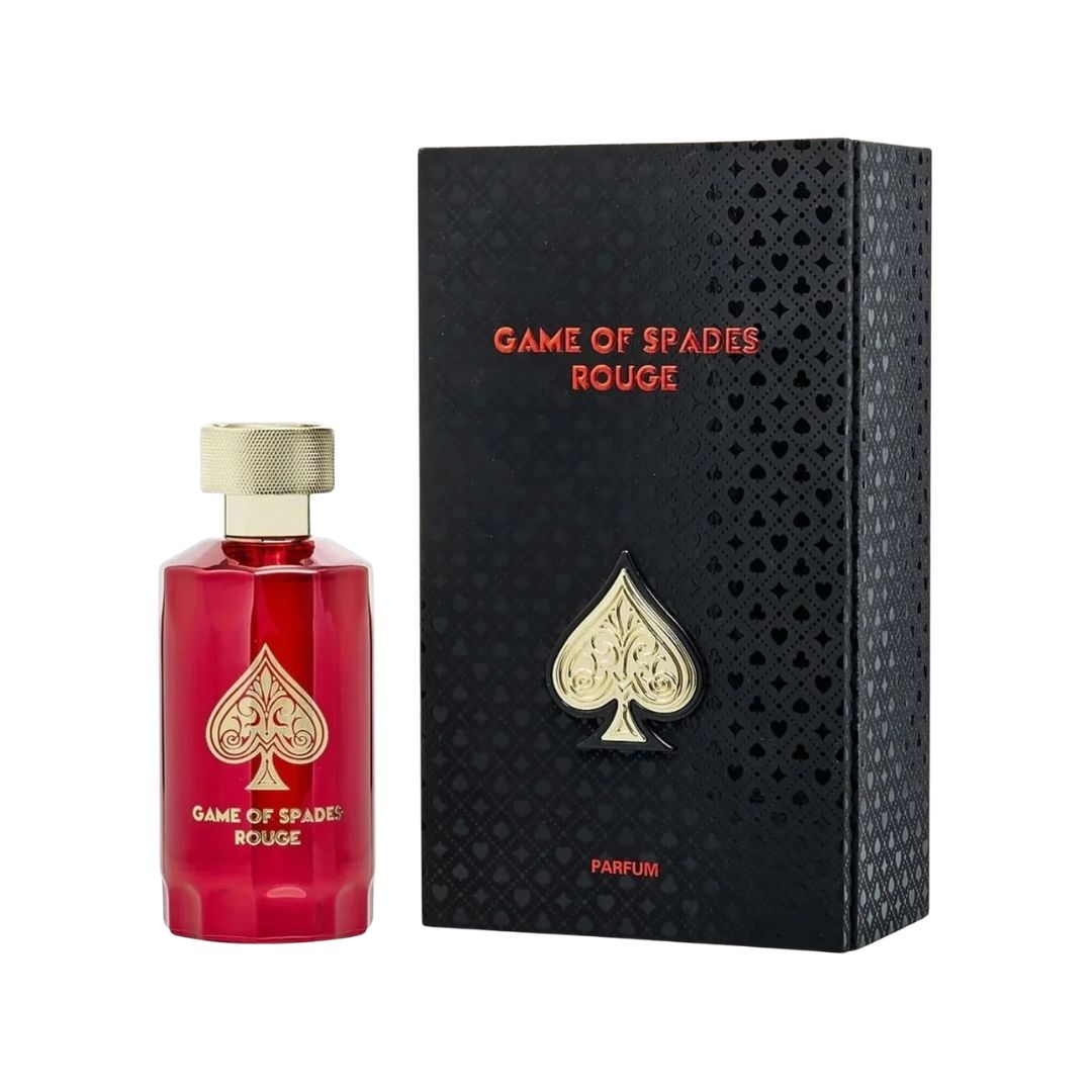 Jo Milano Game Of Spades Rouge Parfum 100ml, a striking crimson-red bottle, suggesting an intense, highly diffusive amber-woody scent with jasmine and musk notes.