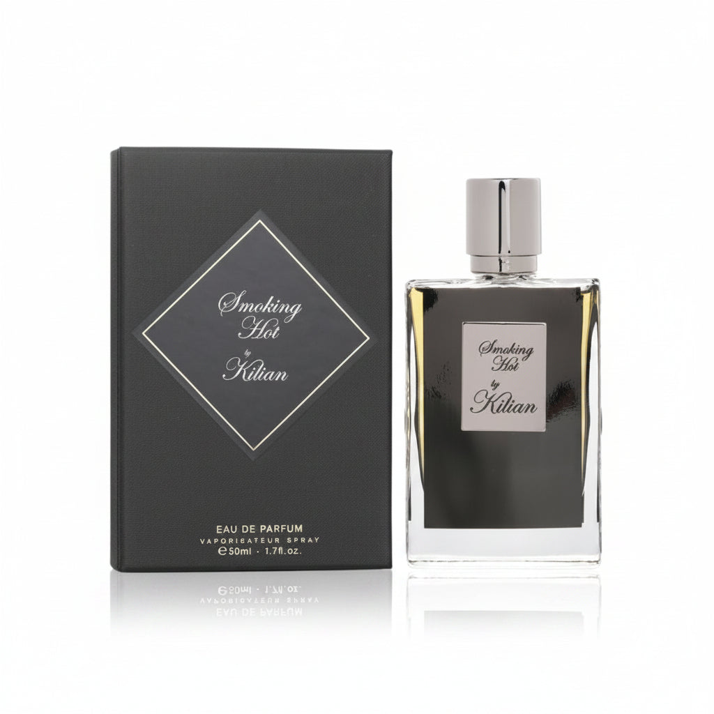 Kilian Smoking Hot EDP 50ml Perfume bottle and packaging of 'Smoking Hot by Kilian' on a white background