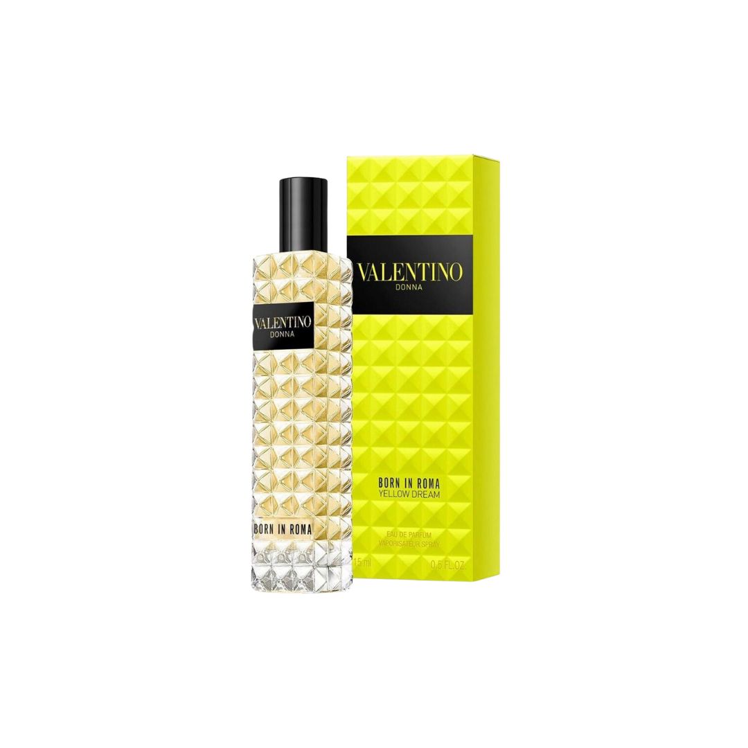 Valentino Donna Born in Roma Yellow Dream 15ml EDP travel spray, a small studded bottle, suggesting a bright, floral, and woody feminine fragrance.