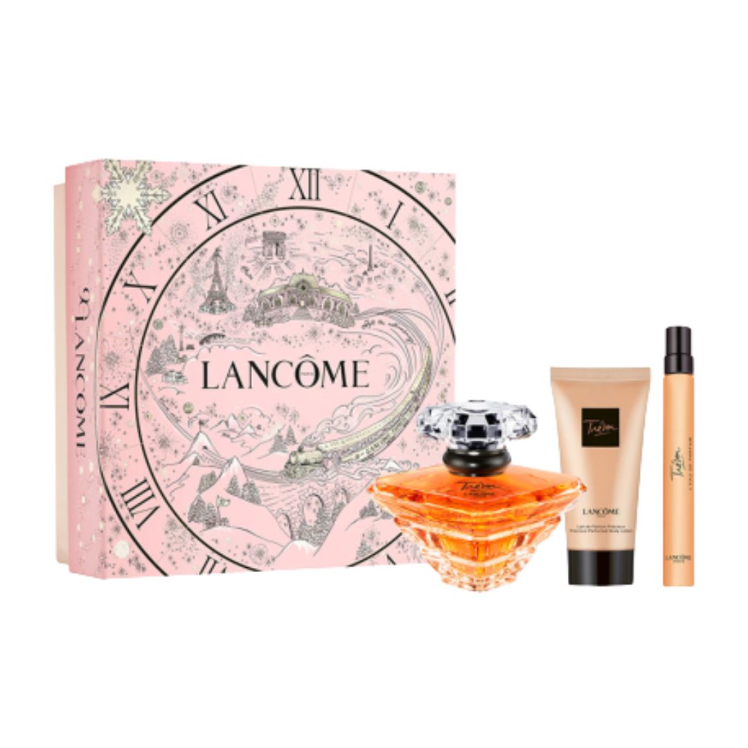 Lancôme Trésor EDP 50ml perfume set with pink packaging and bottles on a white background