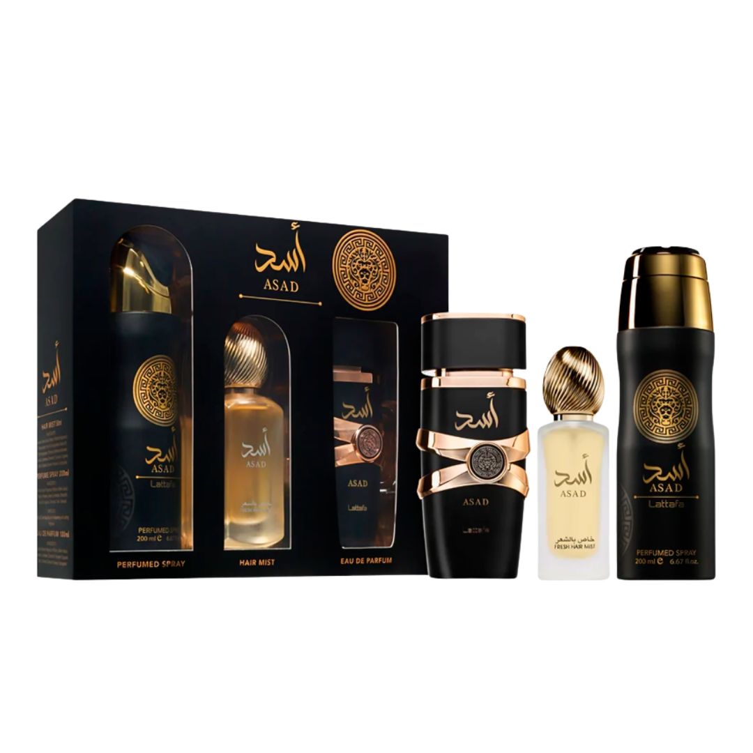 Lattafa Asad 3pc Gift Set, a luxurious black and gold presentation box containing a 100ml Eau de Parfum, Deodorant, and Hair Mist, suggesting an intense, warm, spicy, and amber fragrance.