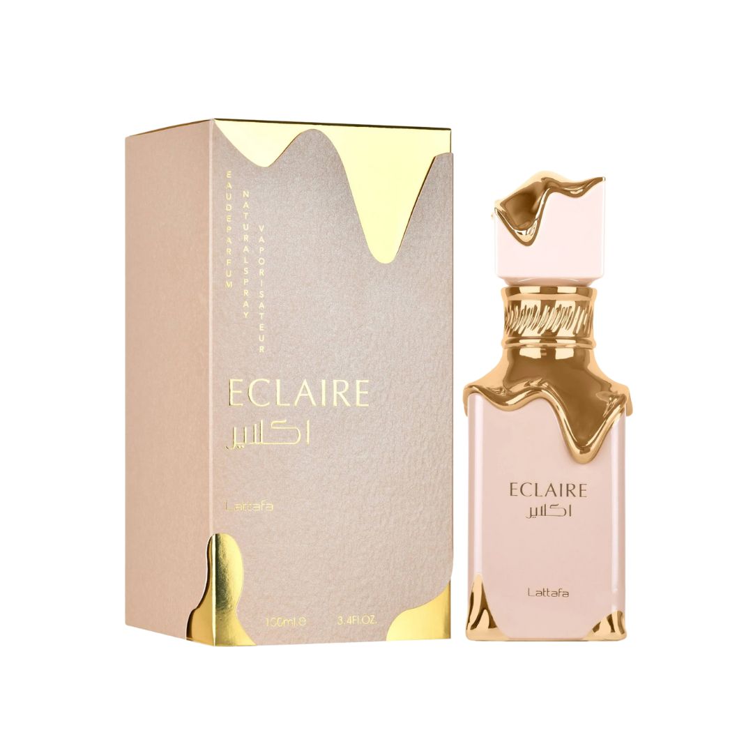 Lattafa Eclaire EDP 100ml, an elegant, light-coloured bottle suggesting a rich, creamy, and highly addictive gourmand scent with caramel, honey, and white floral notes.