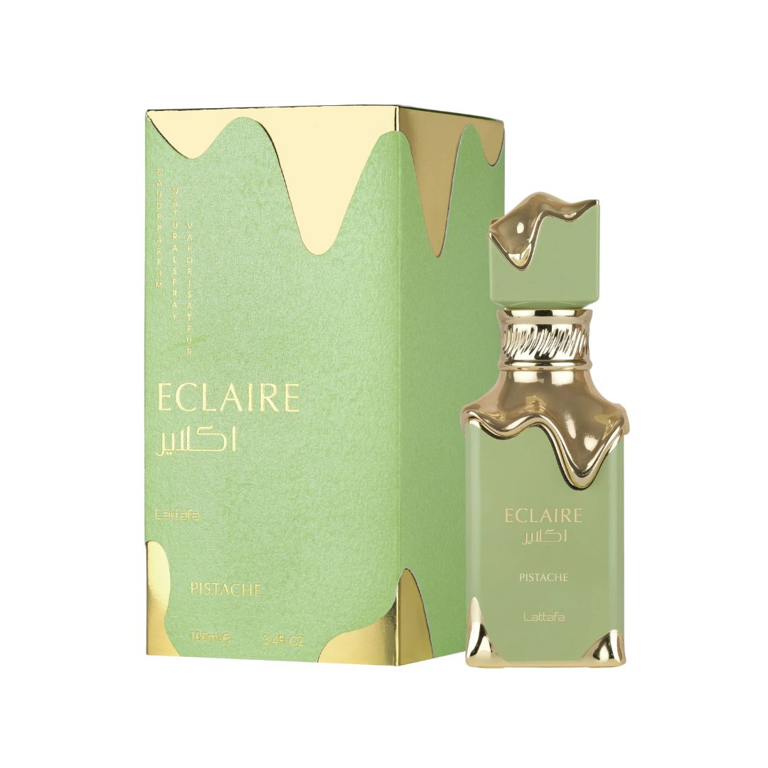 Lattafa Eclaire Pistache EDP 100ml, a sleek, modern, light-green coloured bottle suggesting a rich, creamy, and highly addictive gourmand scent dominated by pistachio and vanilla notes.