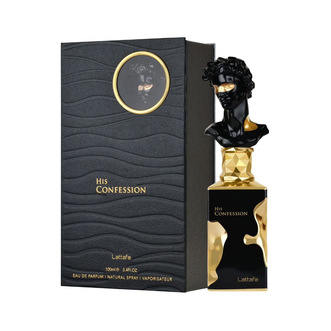 Lattafa His Confession EDP 100ml, an elegant, dark glass bottle suggesting a warm, aromatic oriental scent with sophisticated notes of iris, vanilla, and incense for men.