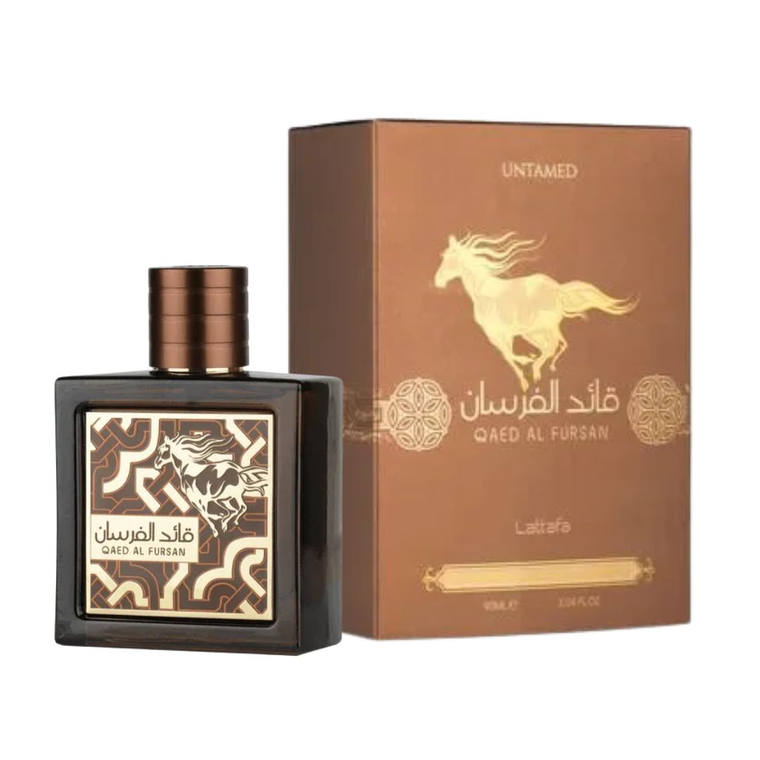 Lattafa Qaed Al Fursan Untamed EDP 100ml, a sleek, dark black and gold patterned bottle, suggesting an intense, aromatic spicy scent with complex woody and gourmand notes.