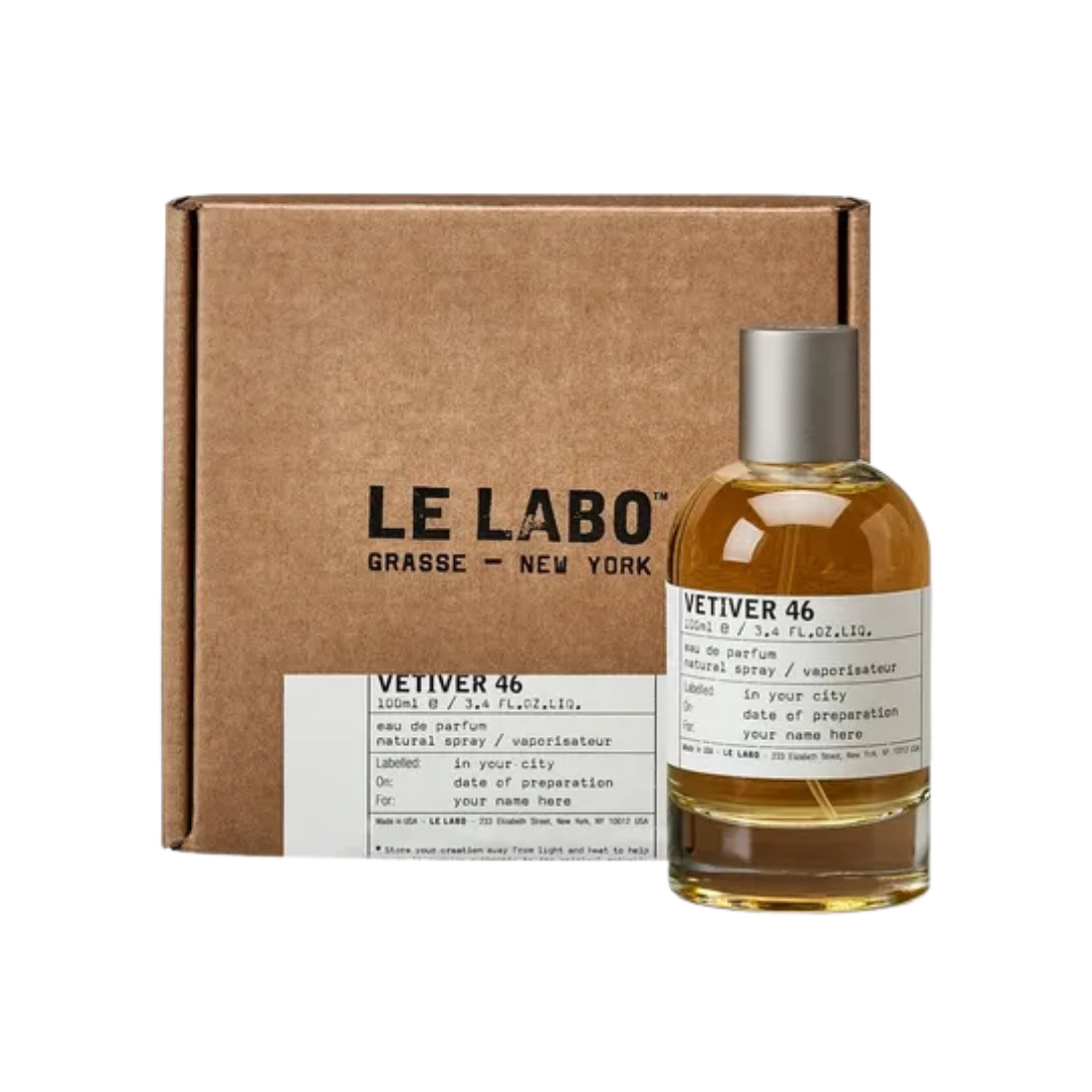 Le Labo Vetiver 46 EDP 100ml, a minimalist amber glass bottle with a classic label, suggesting a dark, smoky, and intensely woody unisex fragrance.